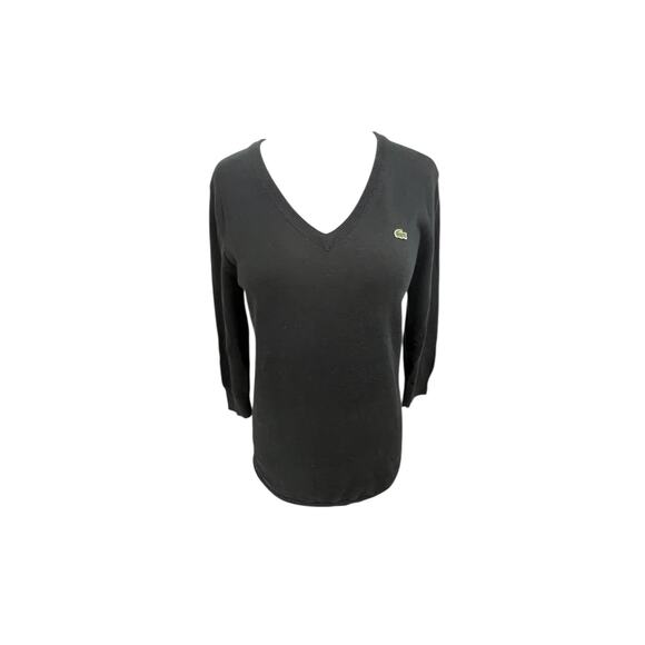 Lacoste Sweaters - LACOSTE Womens V-Neck Jumper Sweater Size 40 Medium Black Cotton 3/4 Sleeve